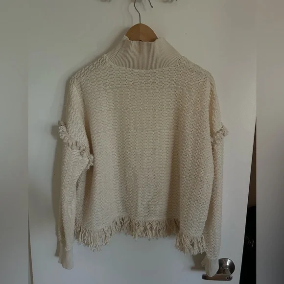 Zara Cream Fringe Textured Turtleneck Sweater - Picture 3 of 5